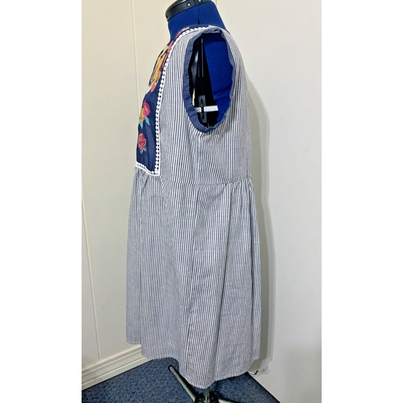 Savanna Jane Embroidered Blue Striped Dress Large Sheath Knee Length Boho Hippie - Picture 2 of 8